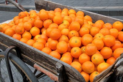 High angle view of oranges in crate at market stall