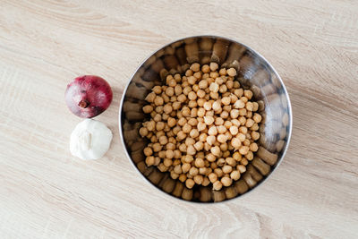 High angle view of fruits in bowl on table