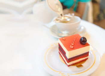 Close-up of cake in plate on table