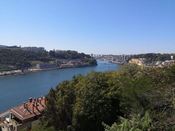 High angle view of river and buildings against clear sky