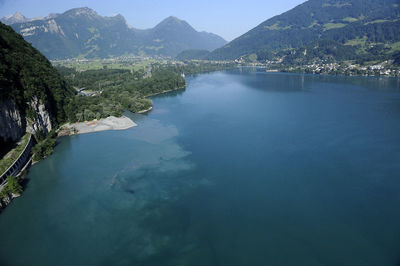 Scenic view of lake and mountains against sky