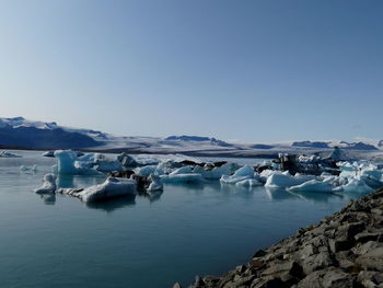 Scenic view of frozen lake against clear sky