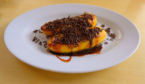 High angle view of dessert in plate on table