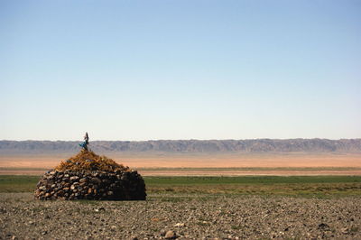 Hay bales on field against clear sky