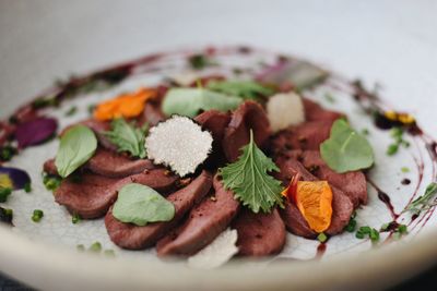 Close-up of food served in plate