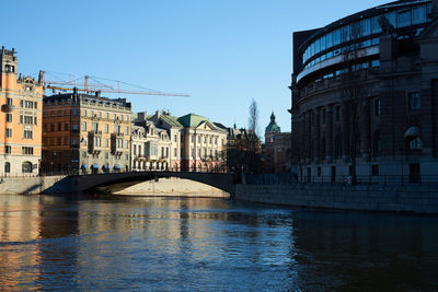 Bridge over river with buildings in background