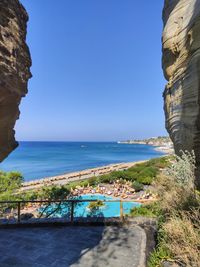 Scenic view of sea against clear blue sky