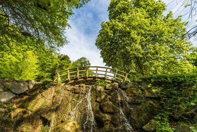 Low angle view of waterfall amidst trees against sky
