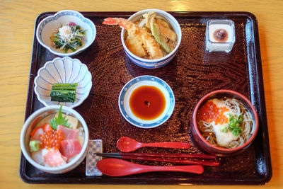 High angle view of meal served on table