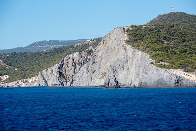 Scenic view of sea and mountains against clear blue sky