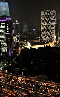 Aerial view of illuminated cityscape at night