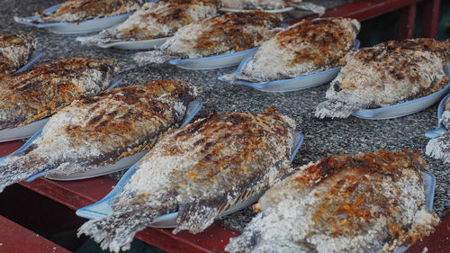 High angle view of fish on table