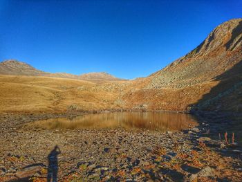 Scenic view of lake against clear blue sky