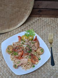 High angle view of food in plate on table