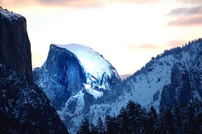 Panoramic view of snow covered mountains against sky