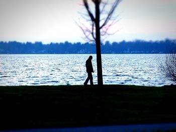 Silhouette of people standing on lake