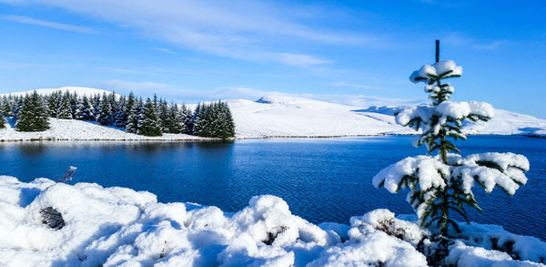 Scenic view of frozen lake against blue sky