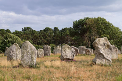 Rocks on field against sky