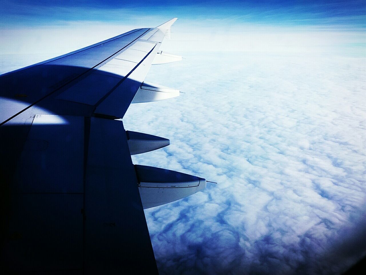 airplane, sky, flying, aircraft wing, blue, part of, air vehicle, cropped, transportation, cloud - sky, aerial view, cloud, day, travel, outdoors, no people, mode of transport, low angle view, nature, mid-air