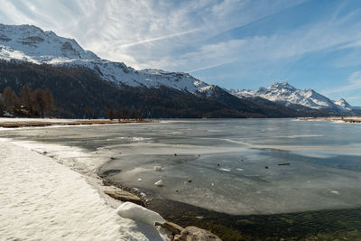 Switzerland, february 21, 2023 panorama with the lake of silvaplana and the mount corvatsch 