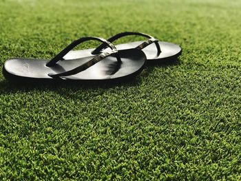 High angle view of sunglasses on grass