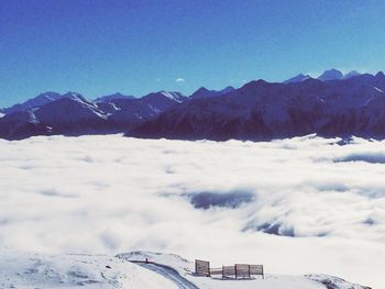 Scenic view of snow covered mountains against sky