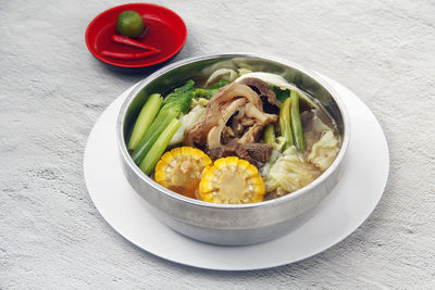 High angle view of food in bowl on table