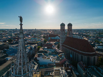 High angle view of cityscape against sky during sunset