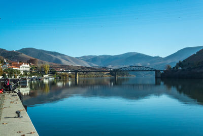 Bridge over river against clear blue sky