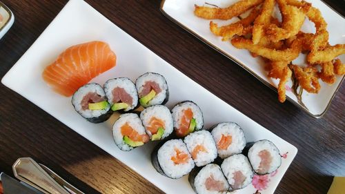 High angle view of sushi served on table