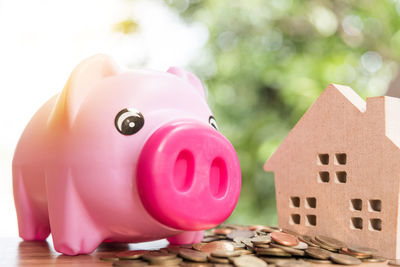 Close-up of piggy bank with house model and coins