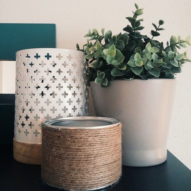 indoors, table, still life, potted plant, vase, wall - building feature, freshness, home interior, close-up, plant, leaf, no people, green color, food and drink, growth, wall, white color, coffee cup, flower pot, high angle view