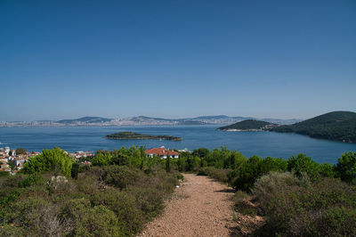 Scenic view of sea against clear blue sky