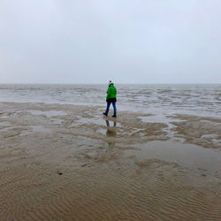 Rear view of man standing on beach against sky