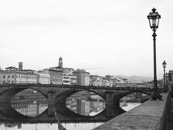 Bridge over river by city against clear sky