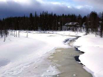 View of snow covered land against sky