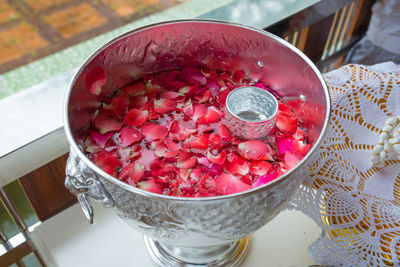 High angle view of fruits in glass on table