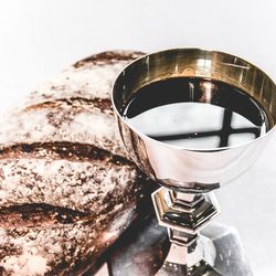 High angle view of drink in glass on table