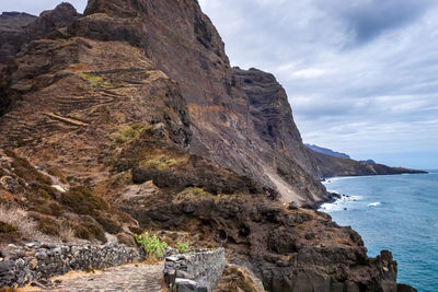 Rock formations by sea against sky