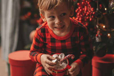 Portrait of boy playing with christmas tree