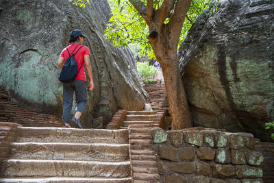 Rear view of man standing on staircase