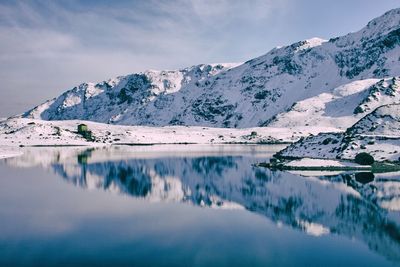 Scenic view of lake against mountain range