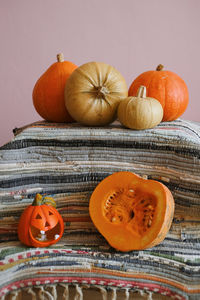 High angle view of pumpkins on table