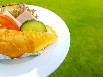 High angle view of fruit in plate on table