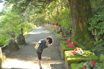 Rear view of people walking on footpath in forest