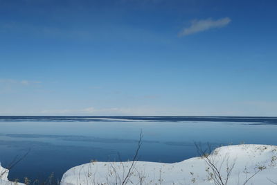 Scenic view of sea against blue sky during winter