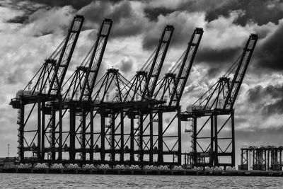 Cranes at commercial dock against sky