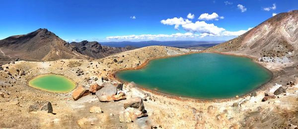 Panoramic view emerald lakes, tongariro national park, new zealand