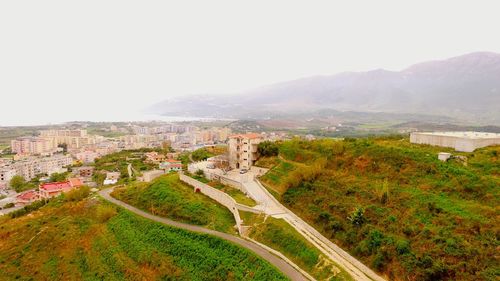 High angle view of cityscape against clear sky