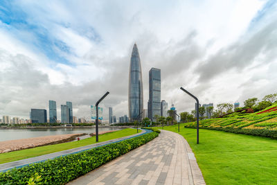 View of city against cloudy sky